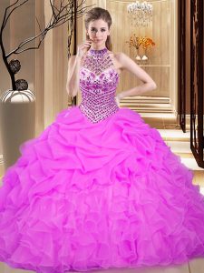 Halter Top Organza Sleeveless Floor Length Quince Ball Gowns and Beading and Ruffles and Pick Ups