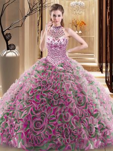 Free and Easy Multi-color Ball Gowns Fabric With Rolling Flowers Halter Top Sleeveless Beading With Train Lace Up Sweet 