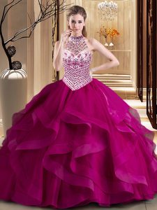 Customized Halter Top Tulle Sleeveless With Train Ball Gown Prom Dress Brush Train and Beading and Ruffles