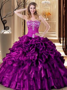 Superior Organza Sweetheart Sleeveless Lace Up Embroidery and Ruffles Quinceanera Dress in Purple