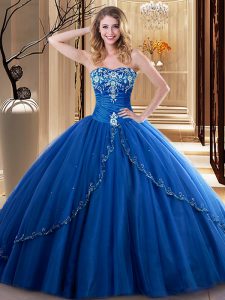 Modern Sweetheart Sleeveless 15th Birthday Dress Floor Length Embroidery Royal Blue Tulle