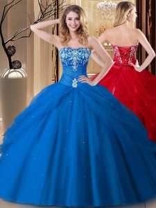 Vintage Royal Blue Ball Gowns Sweetheart Sleeveless Tulle Floor Length Lace Up Embroidery 15th Birthday Dress