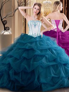 Low Price Ruffled Teal Sleeveless Tulle Lace Up Quinceanera Dress for Military Ball and Sweet 16 and Quinceanera