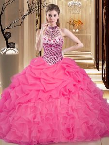 Halter Top Sleeveless Organza Floor Length Lace Up Vestidos de Quinceanera in Hot Pink with Beading and Ruffles and Pick
