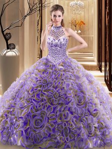Multi-color Halter Top Neckline Beading Ball Gown Prom Dress Sleeveless Lace Up