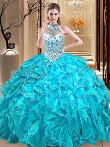 Halter Top Aqua Blue Lace Up Quinceanera Gown Beading and Ruffles Sleeveless Floor Length