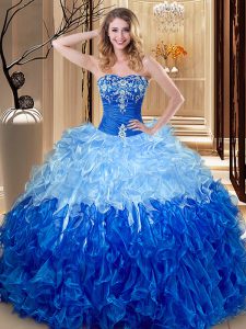 Noble Multi-color and Blue And White Sleeveless Floor Length Embroidery and Ruffles Lace Up Quinceanera Gown