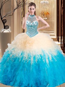Fashionable Floor Length Multi-color 15 Quinceanera Dress Halter Top Sleeveless Lace Up