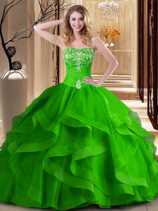 Ball Gowns Tulle Sweetheart Sleeveless Embroidery and Ruffles Floor Length Lace Up Quinceanera Dress