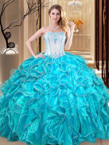 Beauteous Teal Organza Lace Up Strapless Sleeveless Floor Length Ball Gown Prom Dress Embroidery and Ruffles