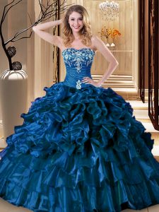 Sleeveless Organza Floor Length Lace Up Sweet 16 Dress in Royal Blue with Embroidery and Ruffles
