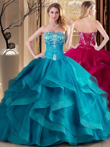 Noble Teal Sweetheart Neckline Embroidery and Ruffles Sweet 16 Dress Sleeveless Lace Up
