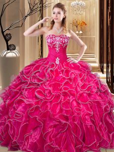 Ideal Sweetheart Sleeveless 15 Quinceanera Dress Floor Length Embroidery and Ruffles Hot Pink Organza