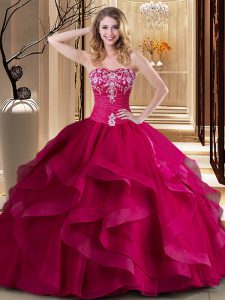 Coral Red Sleeveless Floor Length Embroidery and Ruffles Lace Up Quinceanera Gown