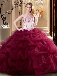 Flare Wine Red Ball Gowns Embroidery and Ruffled Layers Sweet 16 Dresses Lace Up Tulle Sleeveless Floor Length