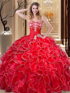 Sleeveless Floor Length Embroidery and Ruffles Lace Up Quinceanera Dresses with Coral Red