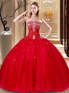 Clearance Beading and Embroidery Ball Gown Prom Dress Red Lace Up Sleeveless Floor Length