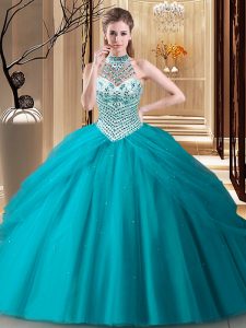 Teal Ball Gowns Tulle Halter Top Sleeveless Beading and Pick Ups Lace Up 15th Birthday Dress Brush Train