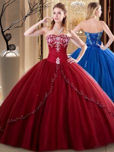 Wine Red Sleeveless Tulle Lace Up Quinceanera Dresses for Military Ball and Sweet 16 and Quinceanera