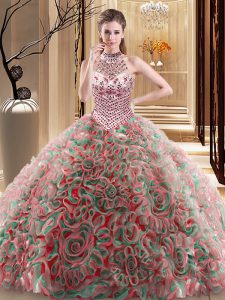 Halter Top Sleeveless With Train Beading Lace Up Quinceanera Gowns with Multi-color Brush Train