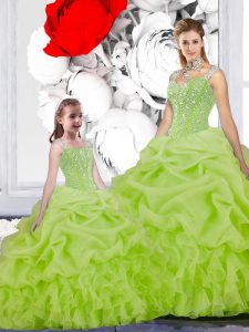 New Arrival Spaghetti Straps Sleeveless Sweet 16 Dress Floor Length Beading and Ruffles and Pick Ups Yellow Green Organz
