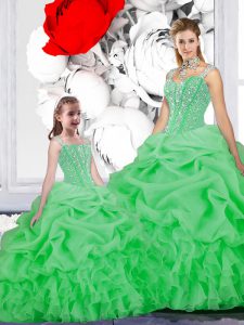Affordable Straps Green Ball Gowns Beading and Ruffles and Pick Ups Sweet 16 Dresses Lace Up Organza Sleeveless Floor Le