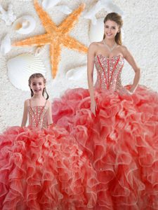 High End Coral Red Sleeveless Floor Length Beading and Ruffles Lace Up Quinceanera Gown