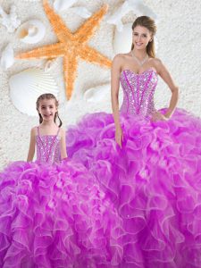 Pretty Fuchsia Lace Up Sweetheart Beading and Ruffles 15th Birthday Dress Organza Sleeveless