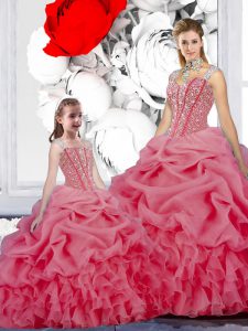 Rose Pink Lace Up Straps Beading and Ruffles and Pick Ups Quinceanera Dress Organza Sleeveless