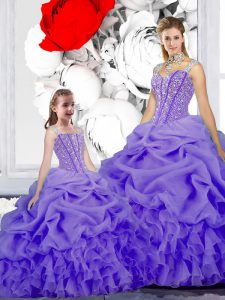 Straps Lavender Ball Gowns Beading and Ruffles and Pick Ups Quinceanera Gown Lace Up Organza Sleeveless Floor Length