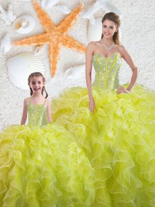 Glamorous Floor Length Yellow Green Vestidos de Quinceanera Organza Sleeveless Beading and Ruffles