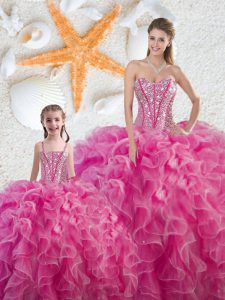 Nice Floor Length Lace Up Quinceanera Dresses Hot Pink for Military Ball and Sweet 16 and Quinceanera with Beading and R
