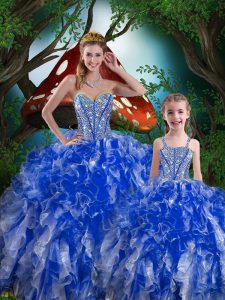 On Sale Sleeveless Organza Floor Length Lace Up Sweet 16 Quinceanera Dress in Navy Blue with Beading and Ruffles