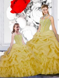 Excellent Straps Sleeveless Floor Length Beading and Ruffles and Pick Ups Lace Up Ball Gown Prom Dress with Yellow