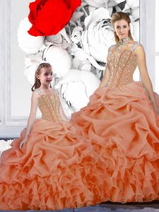 Straps Orange Organza Lace Up Quinceanera Gowns Sleeveless Floor Length Beading and Ruffles and Pick Ups