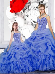 Straps Blue Organza Lace Up Quinceanera Dresses Sleeveless Floor Length Beading and Ruffles and Pick Ups