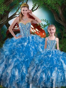 Floor Length Lace Up 15 Quinceanera Dress Baby Blue for Military Ball and Sweet 16 and Quinceanera with Beading and Ruff