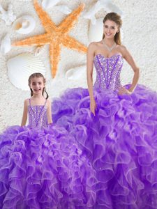 Beautiful Purple Sleeveless Floor Length Beading and Ruffles Lace Up Sweet 16 Dress