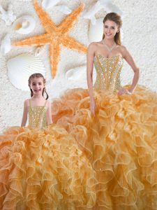 Yellow Ball Gowns Sweetheart Sleeveless Organza Floor Length Lace Up Beading Sweet 16 Dress