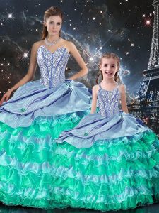 Custom Design Long Sleeves Organza Floor Length Lace Up Sweet 16 Quinceanera Dress in Multi-color with Beading and Ruffl