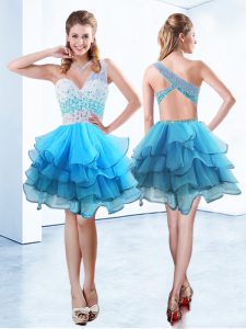 Fashion One Shoulder Sleeveless Homecoming Dress Knee Length Beading and Ruffled Layers Aqua Blue Organza