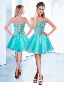 Organza V-neck Sleeveless Lace Up Beading Prom Evening Gown in Aqua Blue