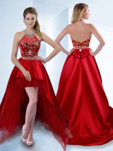 Amazing A-line Oscars Dresses Red Halter Top Satin Sleeveless High Low Zipper