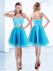Knee Length Blue Prom Evening Gown Organza Sleeveless Beading and Ruching