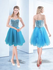 Blue Sleeveless Beading Knee Length Prom Party Dress
