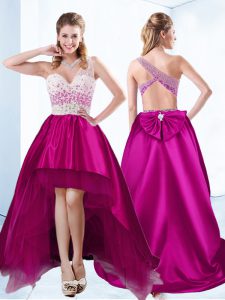 Discount Sweetheart Sleeveless Prom Gown High Low Beading Fuchsia Satin