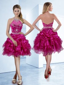 Halter Top Pick Ups Knee Length A-line Sleeveless Fuchsia Prom Evening Gown Zipper