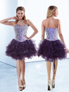Purple Lace Up Sweetheart Beading and Ruffles Evening Dress Organza Sleeveless
