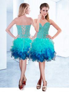 Sleeveless Organza Knee Length Lace Up Prom Gown in Aqua Blue with Ruffles
