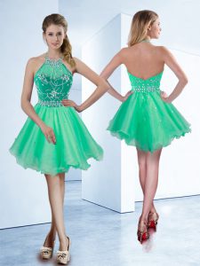 Low Price Halter Top Sleeveless Prom Dress Knee Length Beading Turquoise Organza